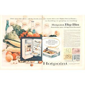 1956 Hotpoint Big Bin Refrigerator Freezer 2 Page Vintage Print Ad Pink Fridge